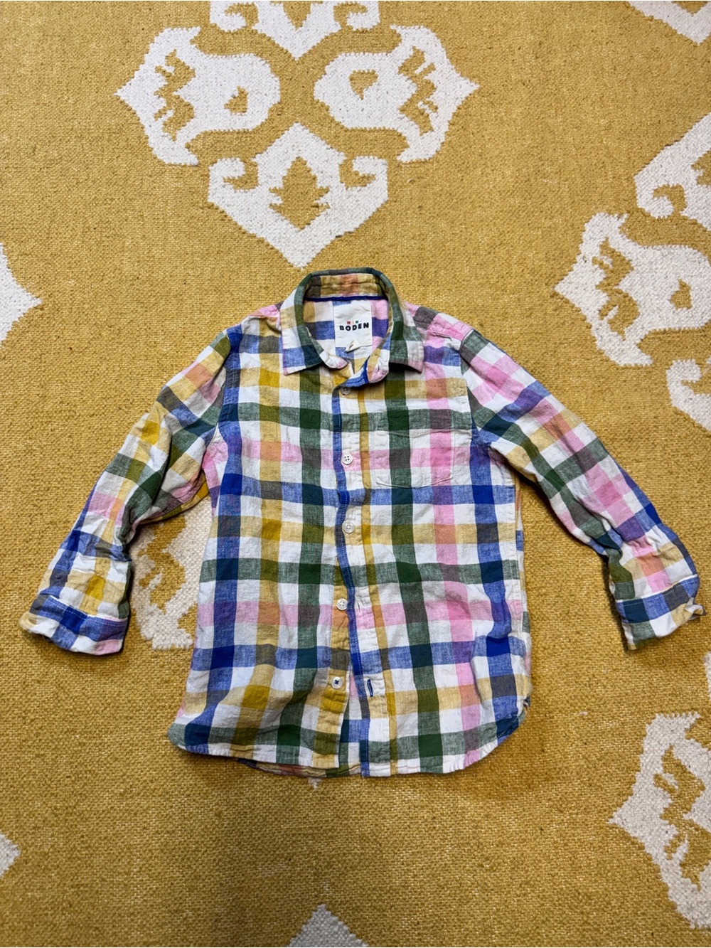 Mini Boden Multicolor Plaid Button-Down Shirt with Green, Blue & Pink